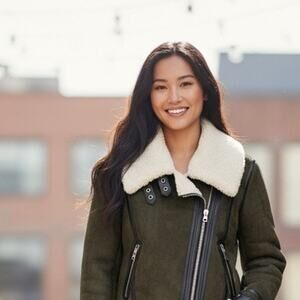 H&M Sherpa Fuax Suede Moto BIker Jacket Olive Green Zip Up Womens 2